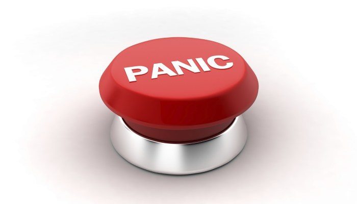 A 3d render of a red panic button.